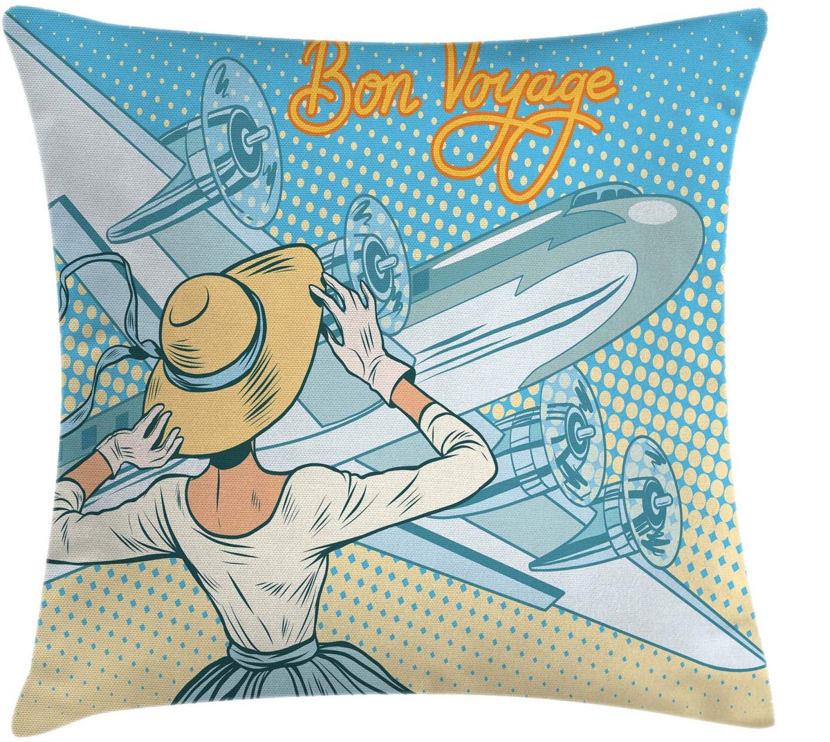 ABAKUHAUS Retro-kussenhoes – Vliegtuig Pop-Art – 50x50 cm – Omkeerbare druk Blassblauw