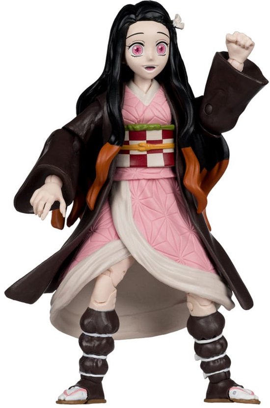 Actiefiguur van Nezuko Kamado met roze jurk, bruine jas, ruitpatroon en haar omhoog gebonden met een bloem.