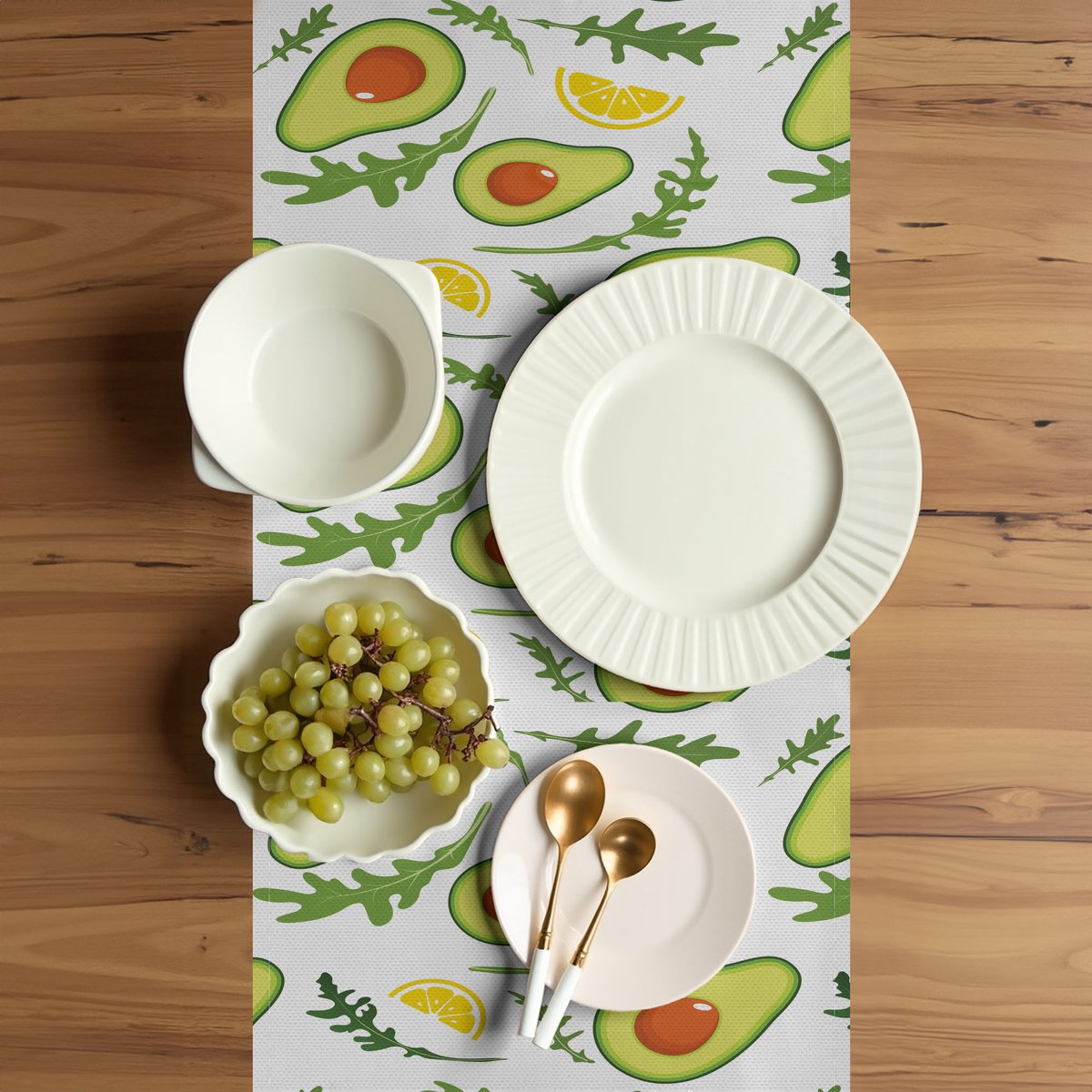 ABAKUHAUS Tafelloper – Fruitprint Avocado & Citroen, 40×180 cm, Groen/Geel