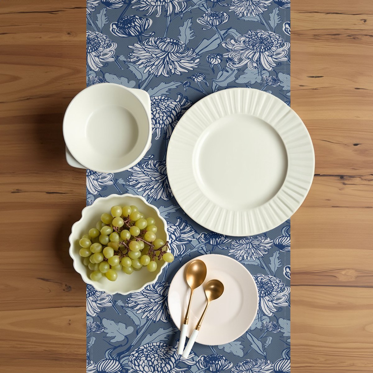 ABAKUHAUS Tafelrunner – Chrysanten-schets, Blauw-Grijs, 40 × 300 cm