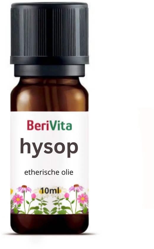 Berivita etherische olie van hysop in een amberkleurig flesje van 10ml met een zwarte dop.
