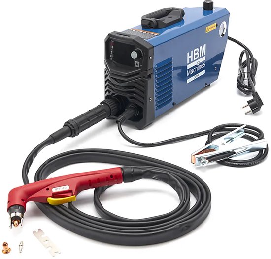 Blauwe HBM Machines CUT 40 plasmasnijder met rode toorts, massaklem en accessoires.