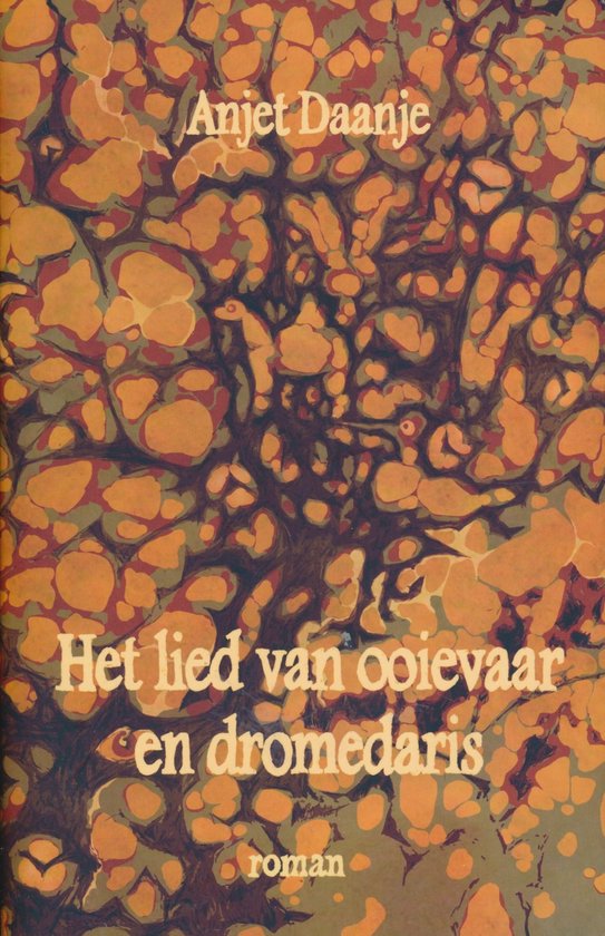 Boek 'Het lied van ooievaar en dromedaris' door Anjet Daanje. Abstracte oranje en bruine marmering met witte tekst.