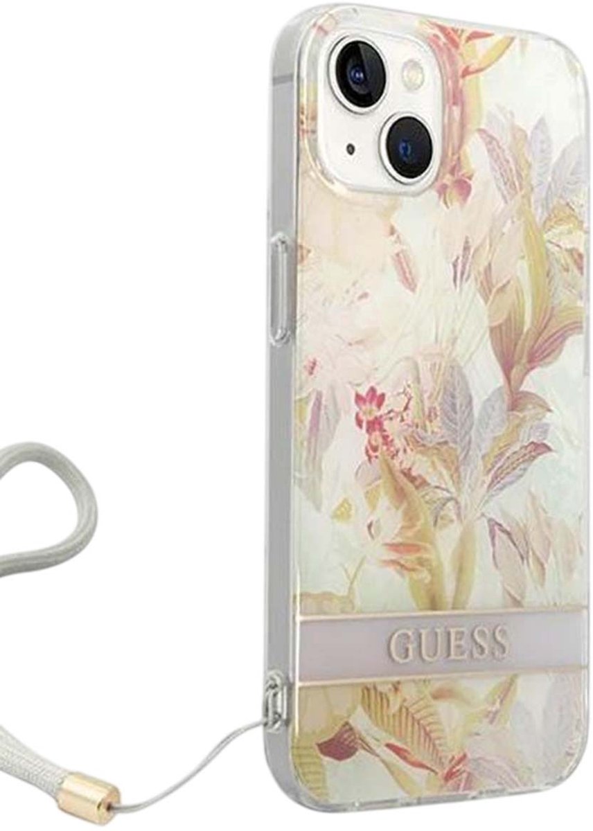 Guess Apple iPhone 14 Plus Hoesje Hard Case Purple Flower Strap