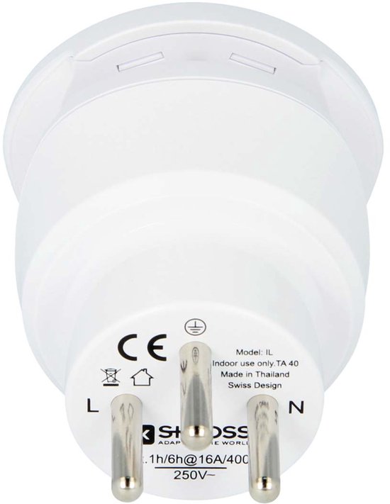 Witte SKROSS reisadapter met drie metalen pinnen voor Israël, model IL TA-40.