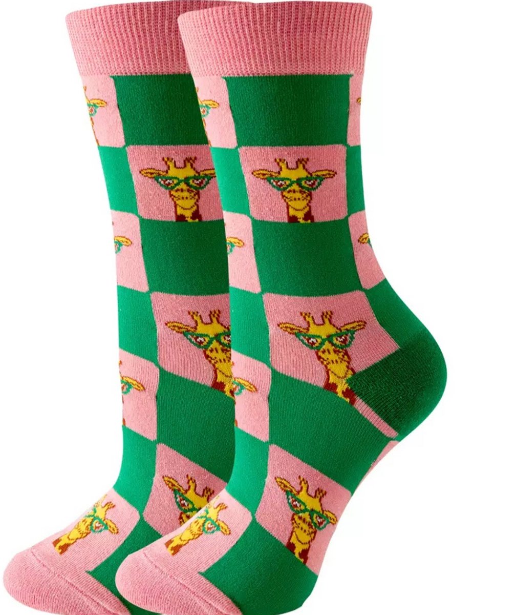 Dames sokken - groen - roze - leuke print giraaf - 36 - 40 - cadeau voor haar - geschenk vrouwen sokken - Kersta cadeau - verjaardagscadeu Merk: GrandSock