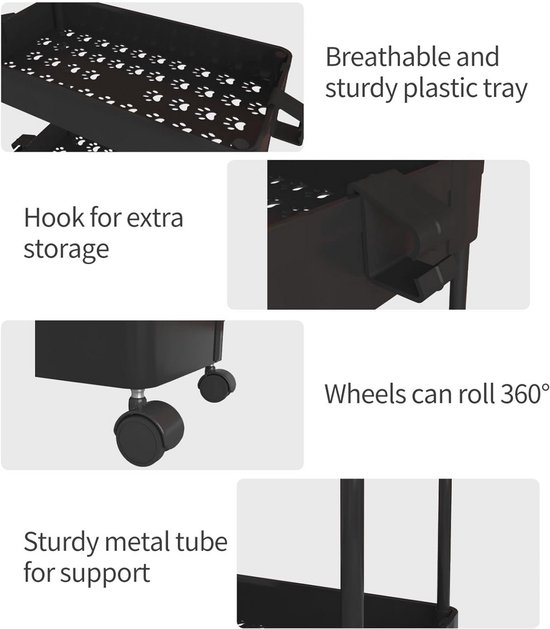 VEVOR 4-laags rollende utiliteitswagen, keukenwagen met afsluitbare wielen, multifunctionele opbergwagen met handvat voor kantoor, woonkamer, keuken, beweegbare opbergmand, organizer planken, zwart