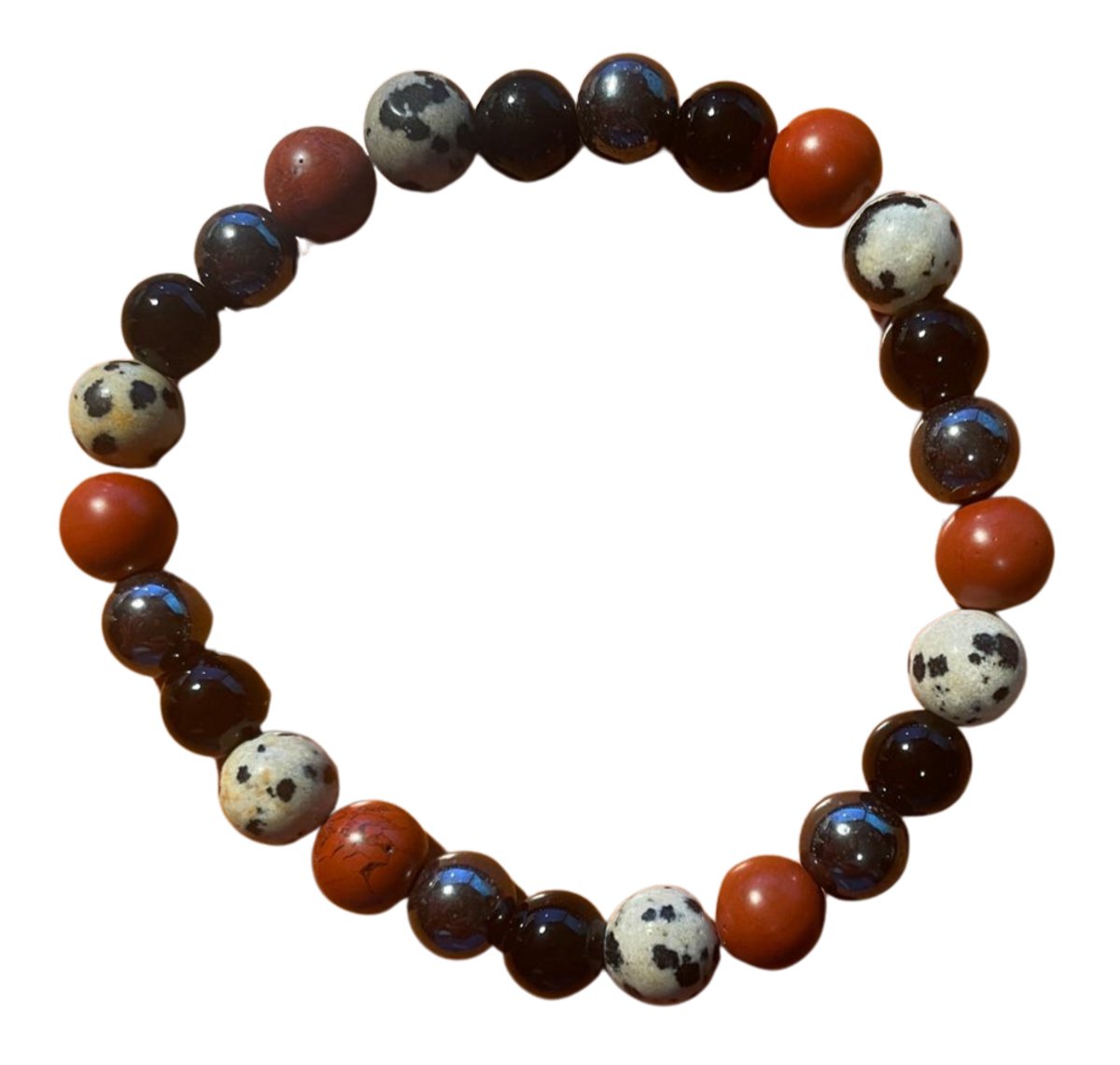 Earth & Fire – Edelsteen Armband 8 mm – 18 cm – Sneeuwvlok Obsidiaan, Tijgeroog, Rode Agaat, Rode Jaspis, Granaat & Hematiet