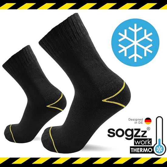 Zwarte thermosokken van SOGZZ met gele accenten en thermometersetiket.