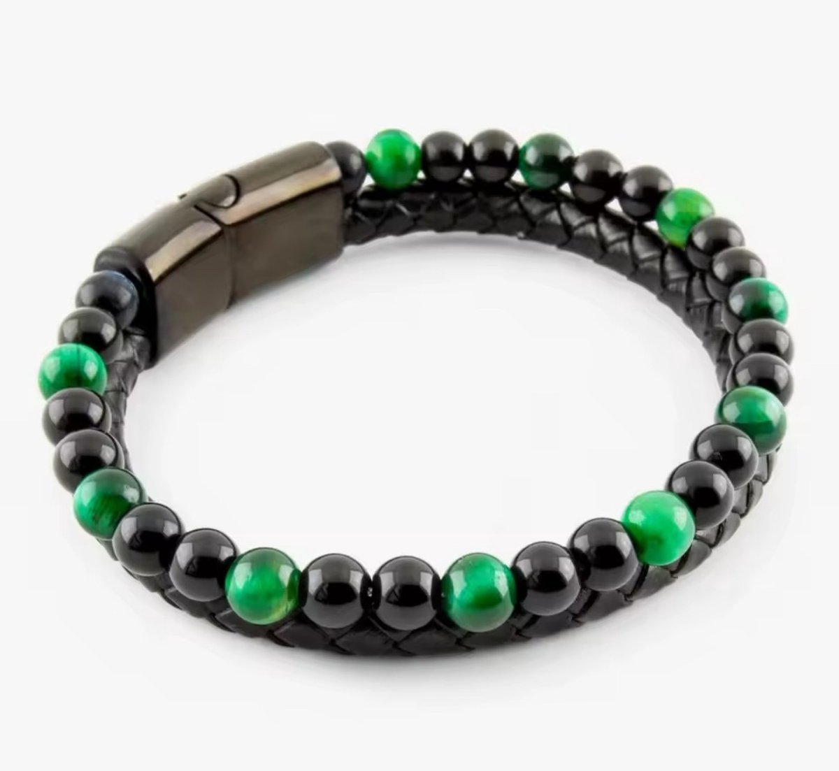Soraro Kralen Armband | Magneet Sluiting | Heren | leer en kralen | Zwart&Groen 21cm | Soraro Armbanden | Cadeau voor hem | verjaardag man