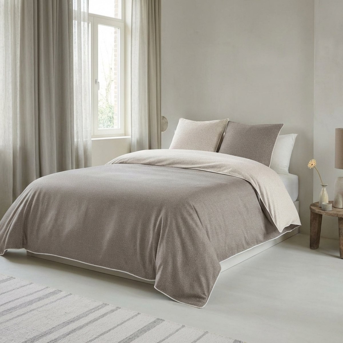 Biberna Dekbedovertrek Melange Flanel - Yarn Dyed - Dubbelzijdig - Zand / Beige - 200x200/220cm