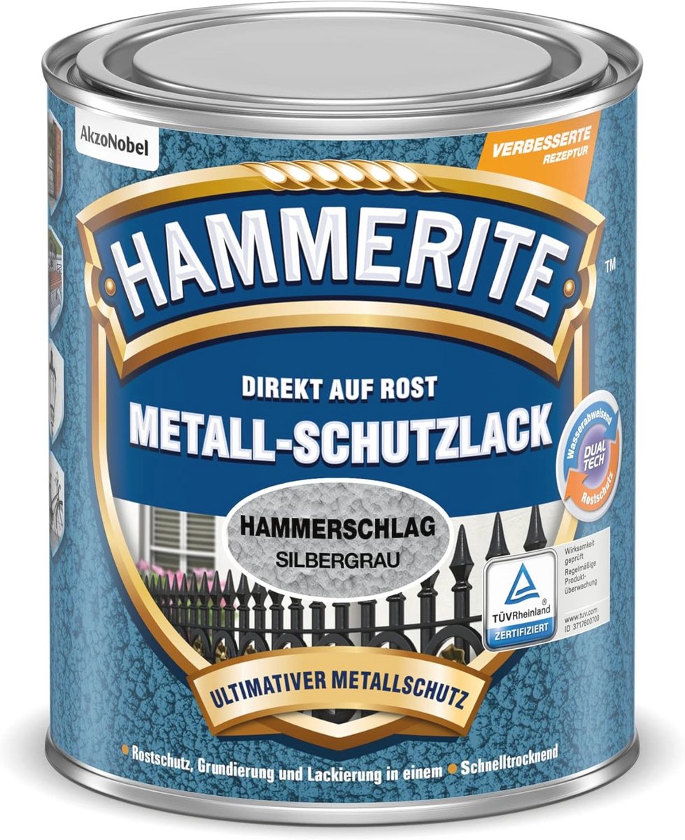 Metaalbeschermende lak hamerslag zilvergrijs 750ml - 3-in-1 roestbescherming voor ijzer en non-ferrometalen