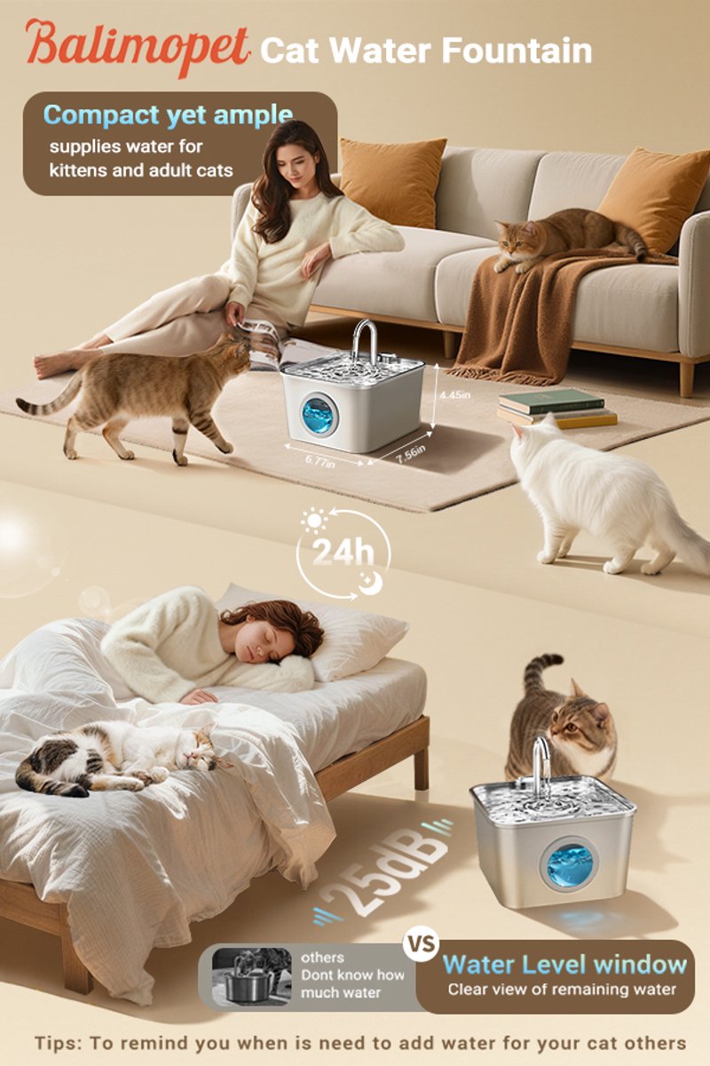 BalimoPet Drinkfontein Kat en Hond -Roestvrijstalen pallet - Kattenfontein 2.5L - Waterdispenser Met LED - Incl. 6 Filters en cleaning tool + 6 sponzen - Fluisterstil thumbnail 8