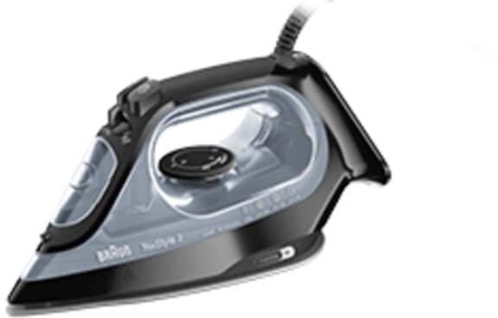 Zwart Braun TexStyle 3 stoomstrijkijzer met transparant waterreservoir en zilverkleurige strijkzool.