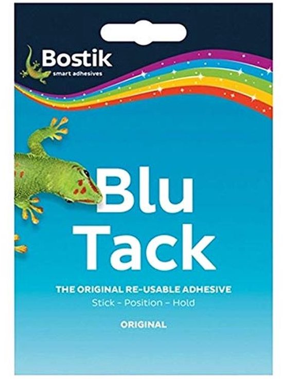 Emballage Bostik Blu Tack avec un gecko vert et le texte 'THE ORIGINAL RE-USABLE ADHESIVE'.