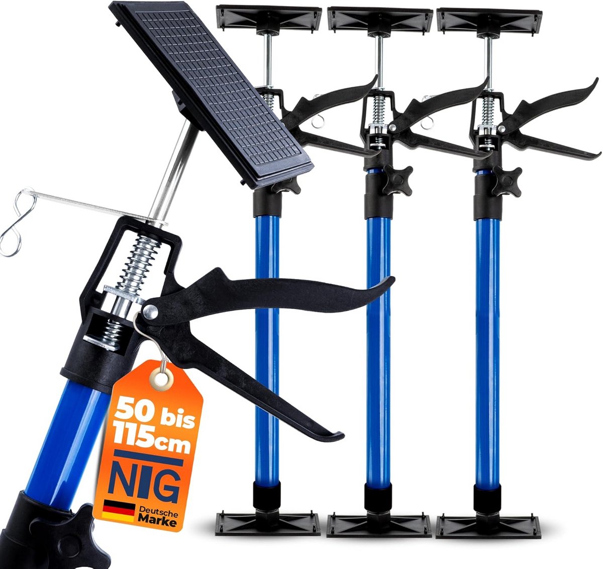 Eenhandssteun 50-115 cm met 30 kg draagvermogen en 45° hoek voor droogbouw en demontage (set van 3)