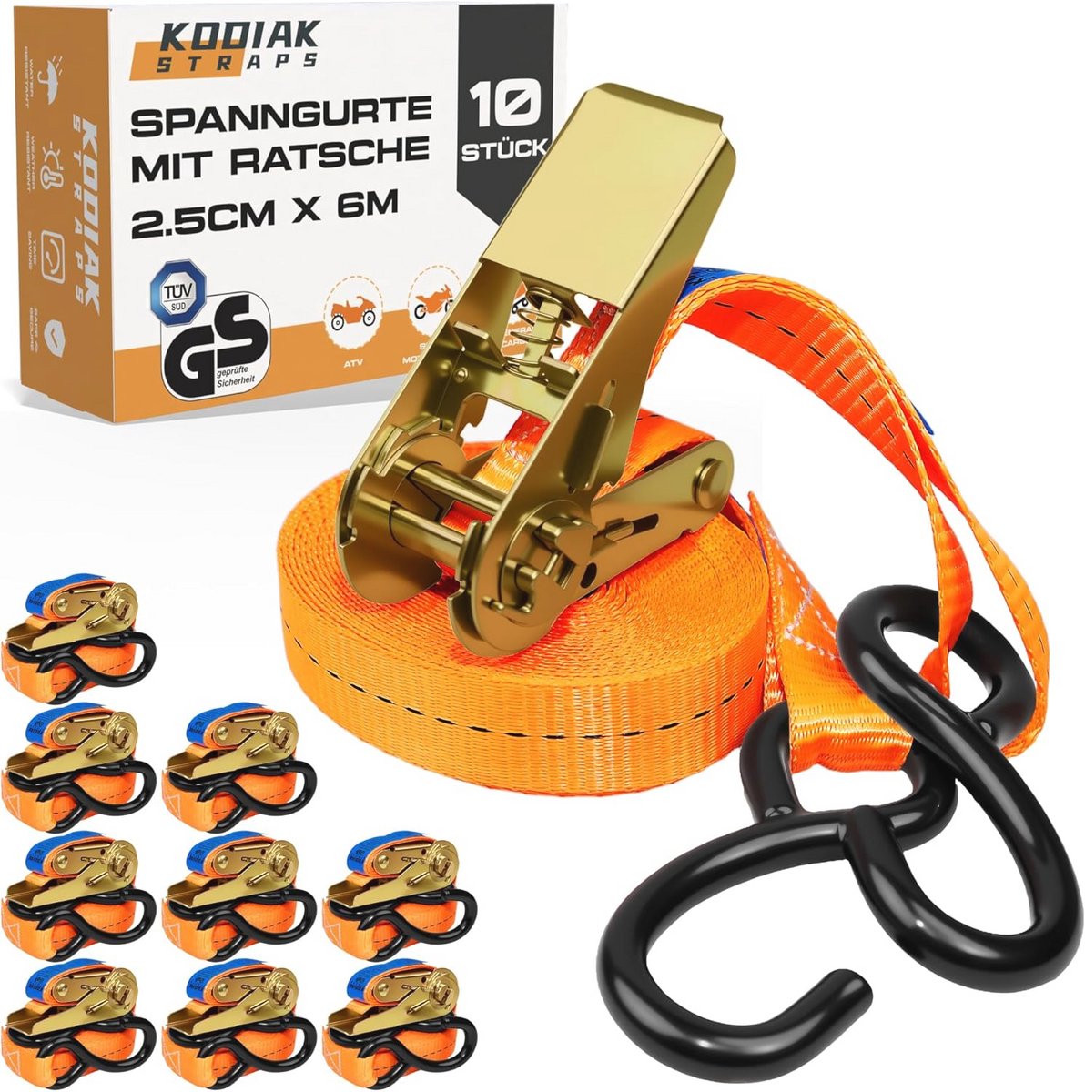 Spanbanden 10 stuks 6 m 800 kg met ratel en S-haken | 25 mm sjorbanden voor ladingvastzetting | TÜV/GS-gecertificeerd