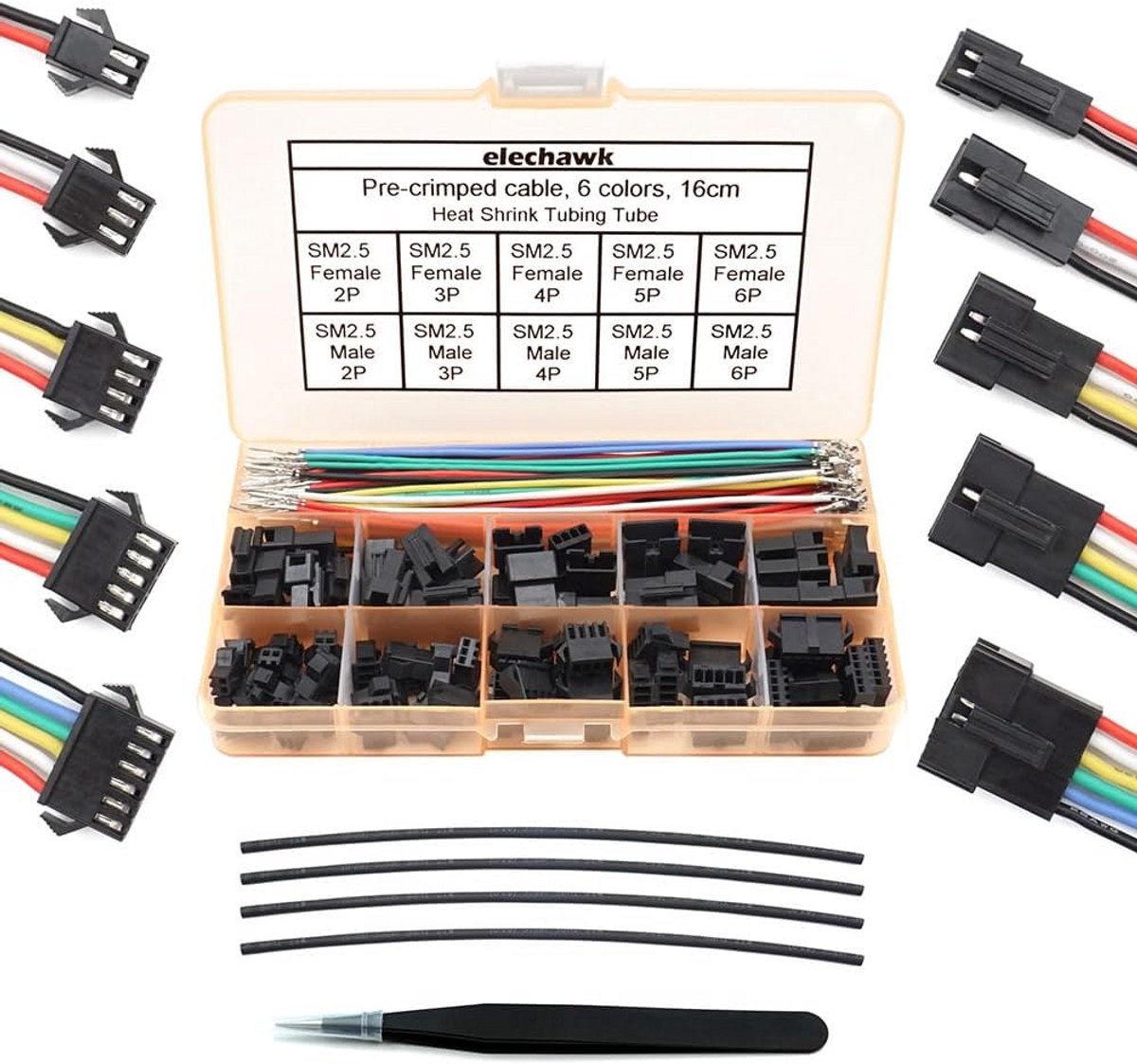 2,5 mm connectoren set voorgekrompen kabels en stekkers - Mannelijke en vrouwelijke stekkers met verschillende pin-configuraties