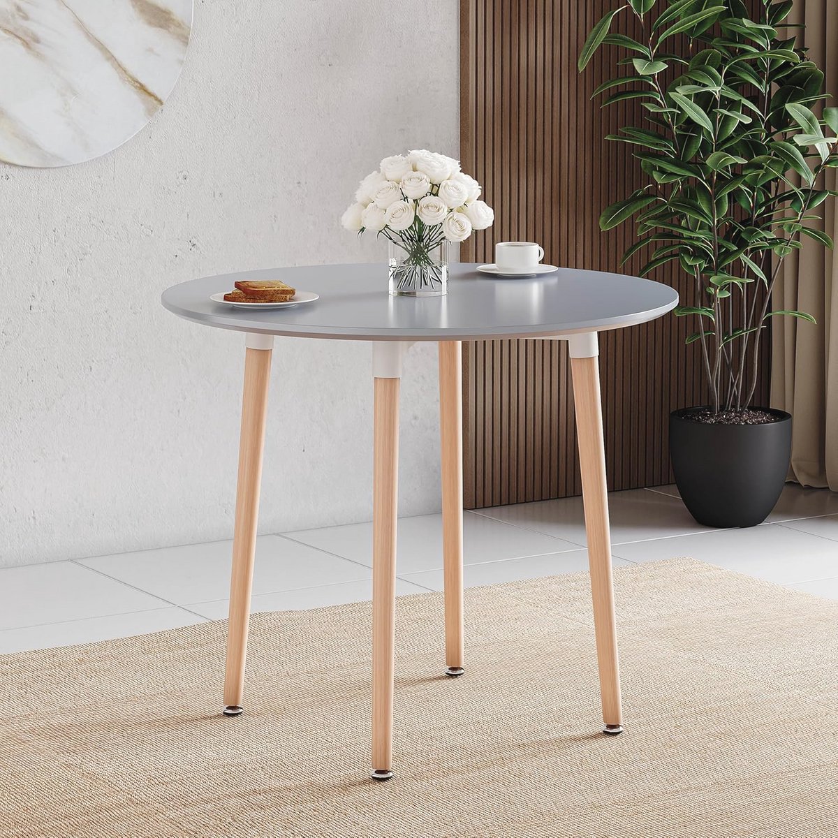 Moderne Ronde Eettafel voor Kleine Keuken en Eetkamer, Compacte 4-Zits Tafel met Natuurlijke Beukenhouten Poten