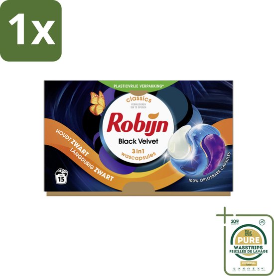 1 x Robijn - 3-in-1 Black Velvet - Wascapsules - 15 Wasbeurten- Zwart Wasmiddel - Donkere Was - 3-in-1 Wasmiddel - Wasverzachter - Geur Wasmiddel