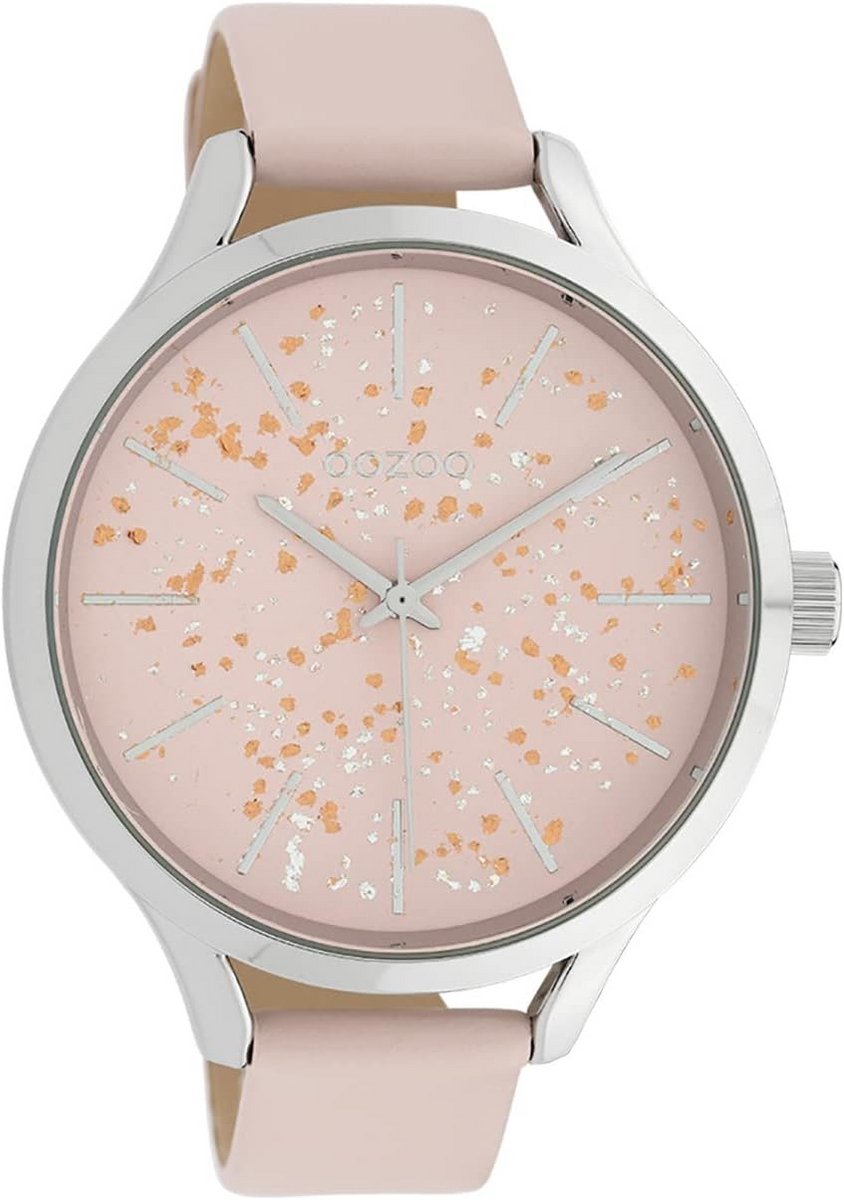 Dameshorloge Roségrijs Glitter XL 45mm Zilverkleurig Band Leer