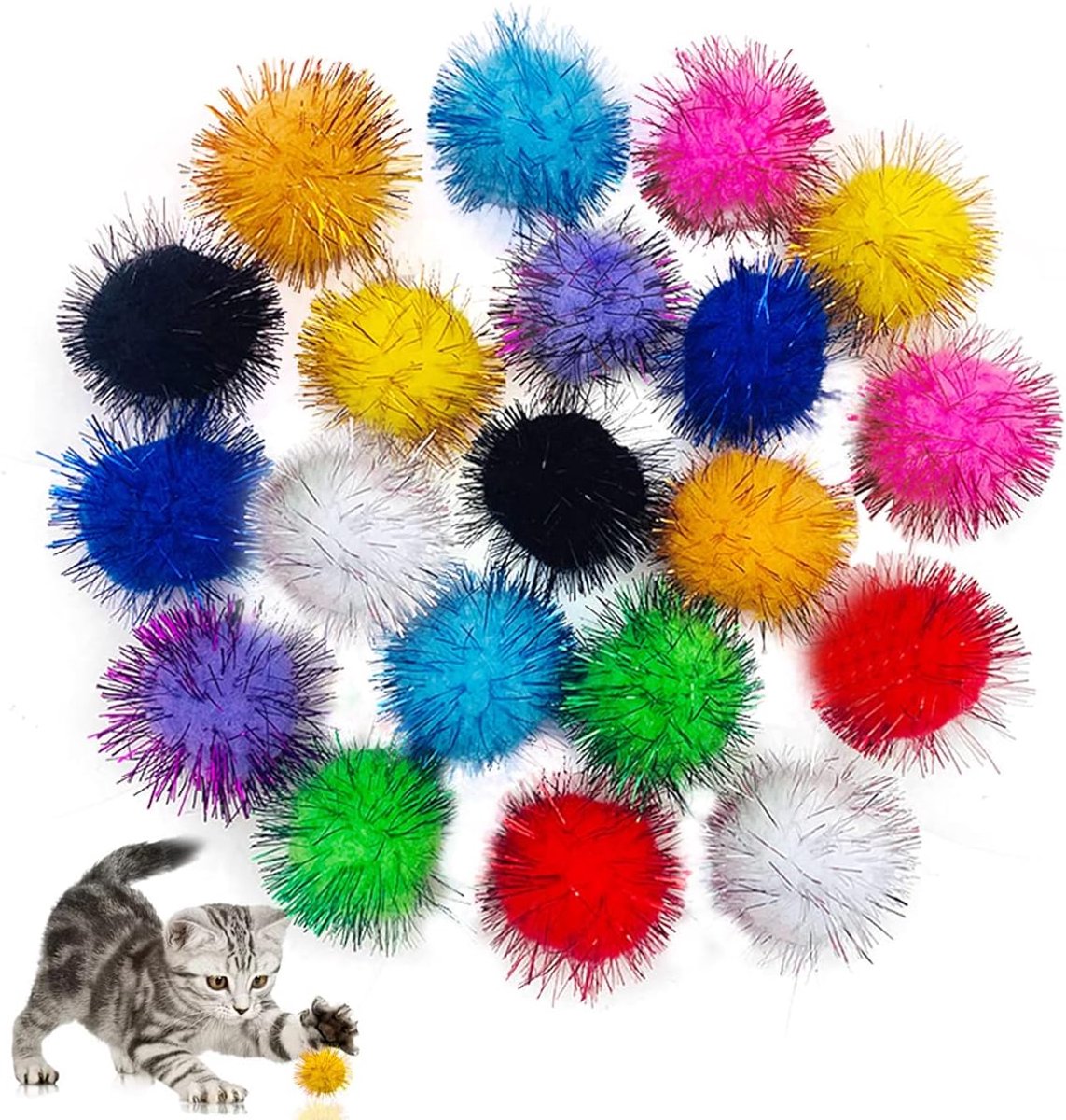 Daity 50 stuks - Glanzende kattenballen - geschikt voor binnenkatten - 3 cm diameter - diverse kleuren - speelballen voor kittens - pluche ballen om achteraan te jagen (willekeurige kleuren)