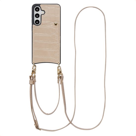 Samsung Galaxy S24 / S25 Croco Telefoonhoesje Beige met Koord, Polskoord en Pashouder, Verstelbaar