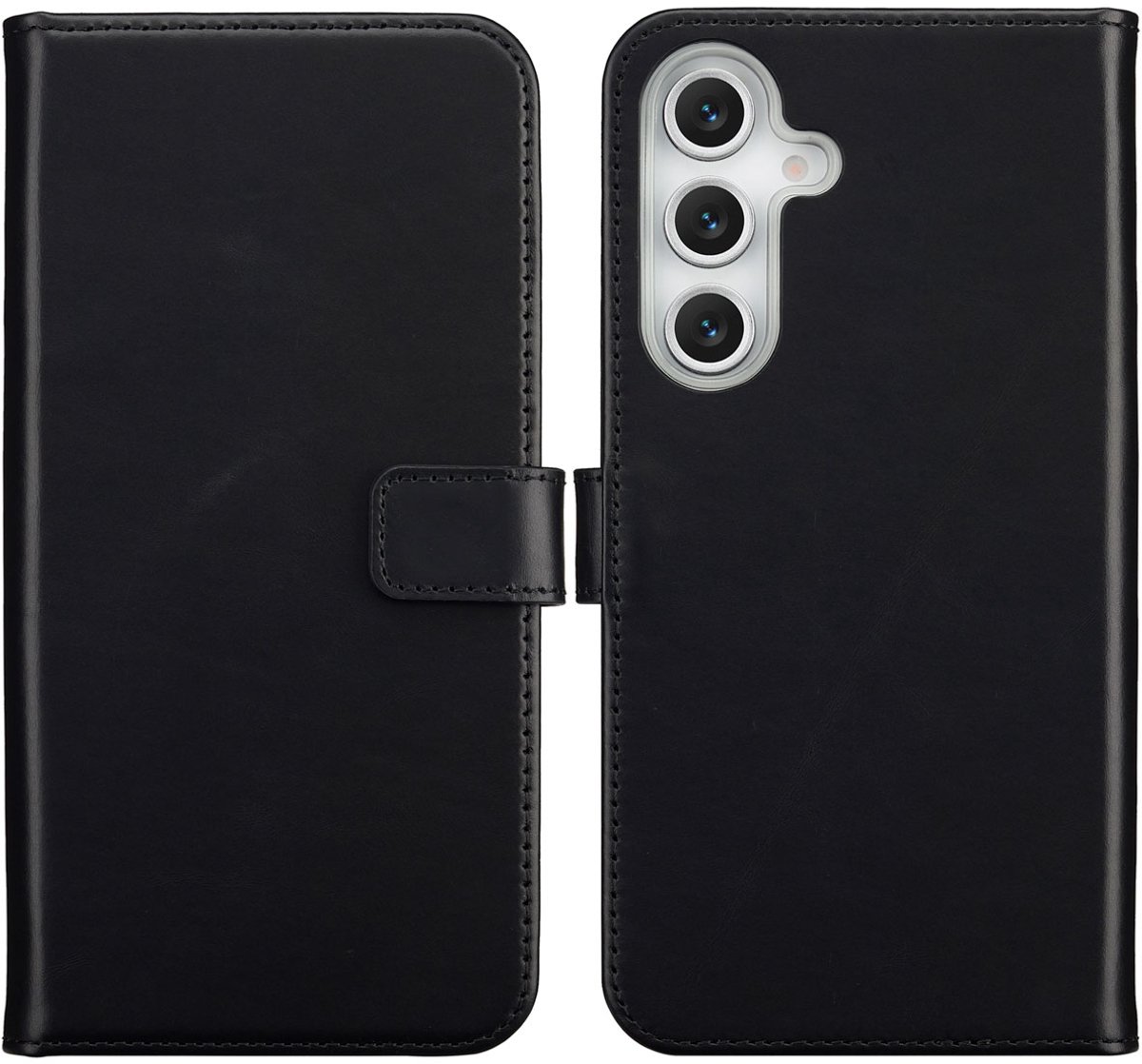 Selencia Hoesje - Geschikt voor Samsung Galaxy S25 FE - Echt Lederen Bookcase - Zwart