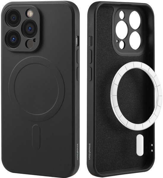 Coque de téléphone noire avec anneau MagSafe, vue avant et arrière.