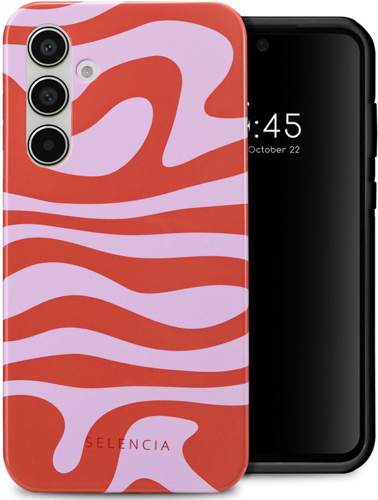 Coque de téléphone avec un motif tourbillon rouge-rose et lilas, à côté d'un téléphone noir.