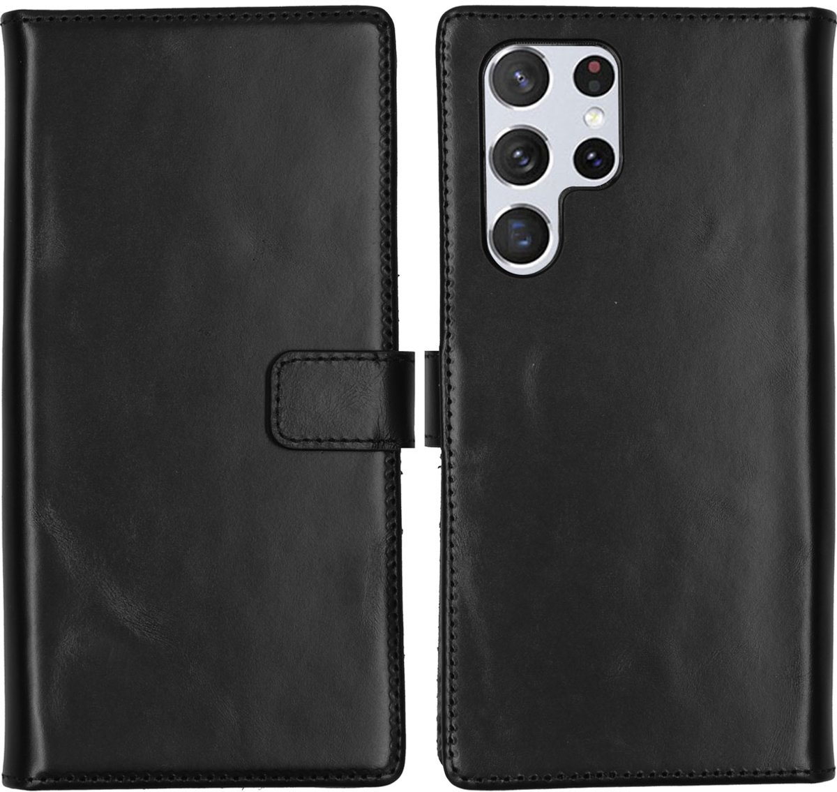 Selencia Hoesje - Geschikt voor Samsung Galaxy S22 Ultra - Echt Lederen Bookcase - Zwart