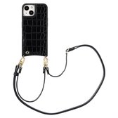 Zwarte Croco backcover met loskoppelbaar koord en gouden hardware.