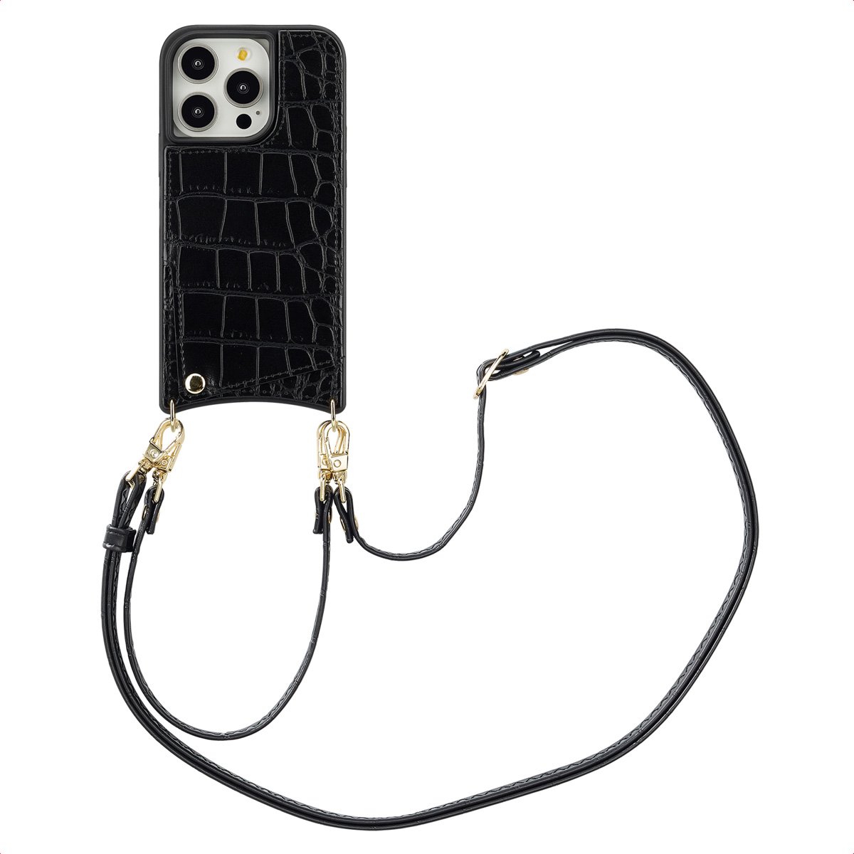Selencia Hoesje - Geschikt voor Apple iPhone 14 Pro - Croco Backcover met koord en pashouder - Zwart