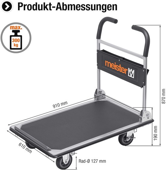 Meister Werkzeuge 8985700 Plateauwagen Inklapbaar Staal Laadvermogen Max 300 Kg 1555541