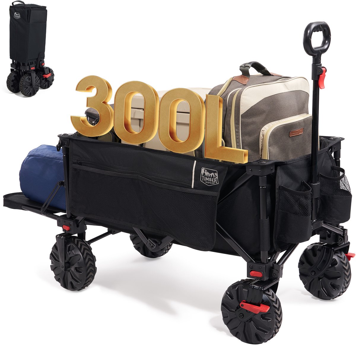 TIMBER RIDGE Bolderkar Opvouwbaar - 300 Liter - 135 KG Draagkracht - met rem - Verstelbare hendel - Inklapbare Bolderwagen - Compact - Zwart