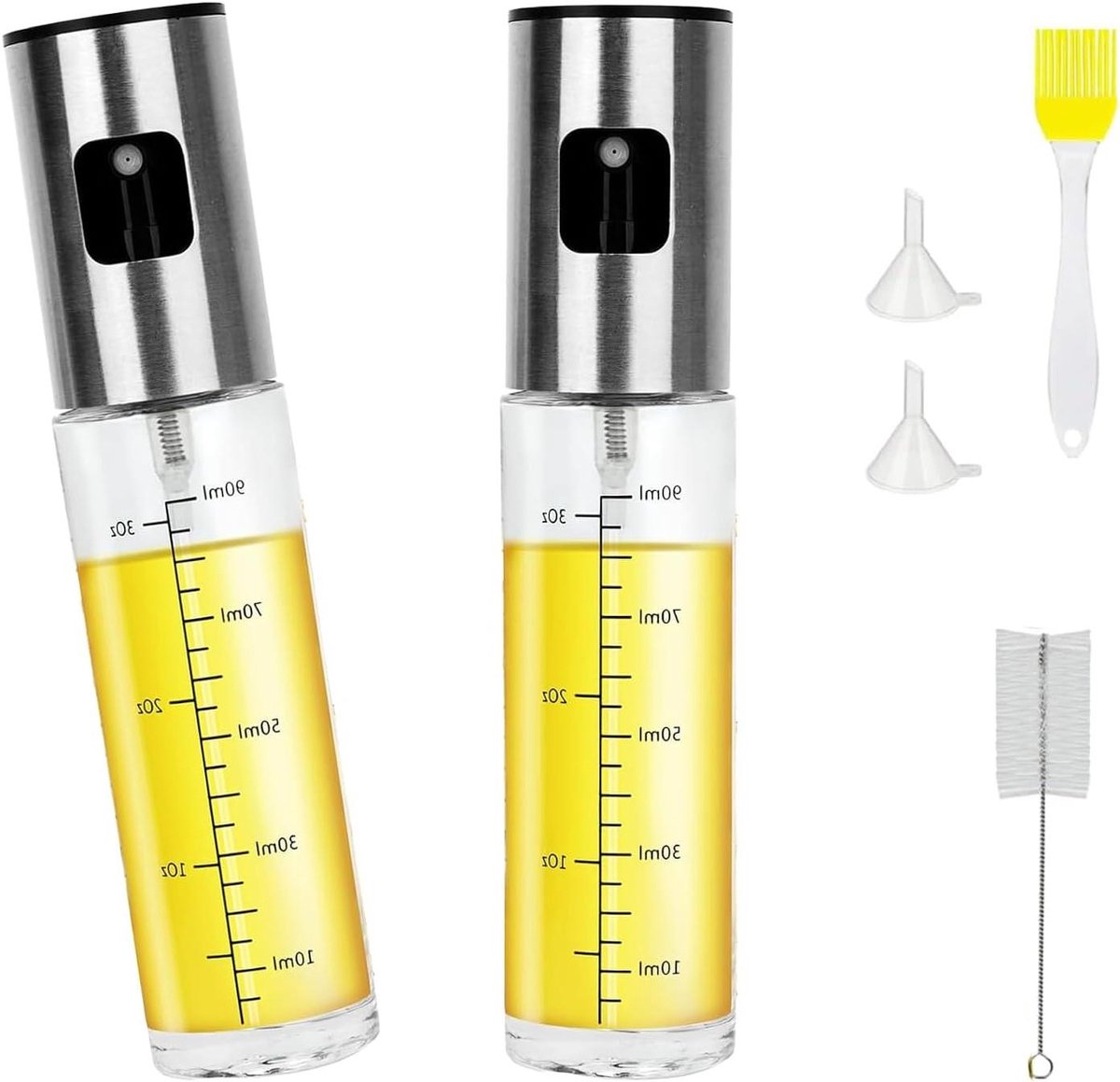 Allecta - Set van 2 glazen oliespuitflessen (100 ml) voor koken, airfryer en BBQ - Lekvrije keukenoliedispenser met trechter - ideaal voor bakken, grillen en gezond eten