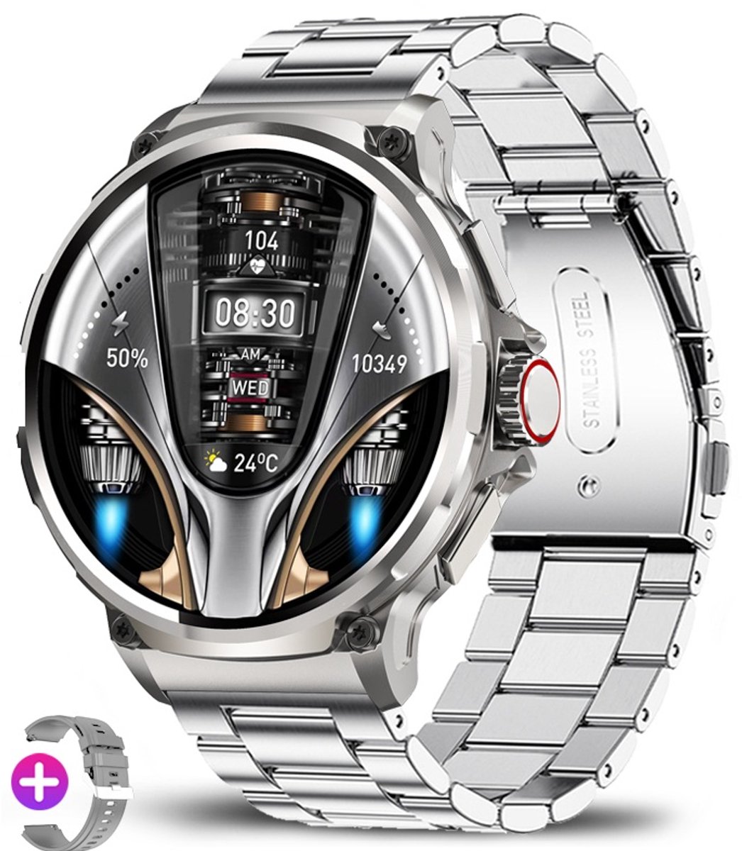 Knobbout 1.85” Scherm HD Sport Smartwatch – 710mAh Extra Grote Batterij – Bluetooth Bellen – RVS Bezel – Hartslagmeting/Bloeddrukmeting/Slaapmonitoring/Calorieverbruik – Android & iOS – Zilver Staal + Siliconen Band