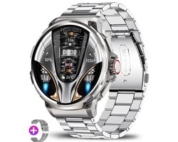 Knobbout 1.85” Scherm HD Sport Smartwatch – 710mAh Extra Grote Batterij – Bluetooth Bellen – RVS Bezel – Hartslagmeting/Bloeddrukmeting/Slaapmonitoring/Calorieverbruik – Android & iOS – Zilver Staal + Siliconen Band