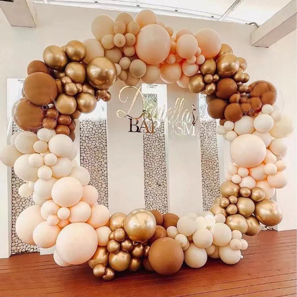 Ballonnenboog Set – 185-delig – Coffee & Apricot met Goud en Wit – Inclusief Accessoires – Babyshower, Doop & Feestdecoratie