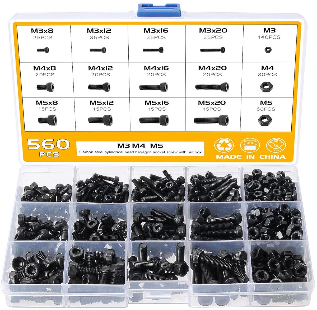 560-delig schroevenassortiment M3 M4 M5 met moeren en inbussleutels