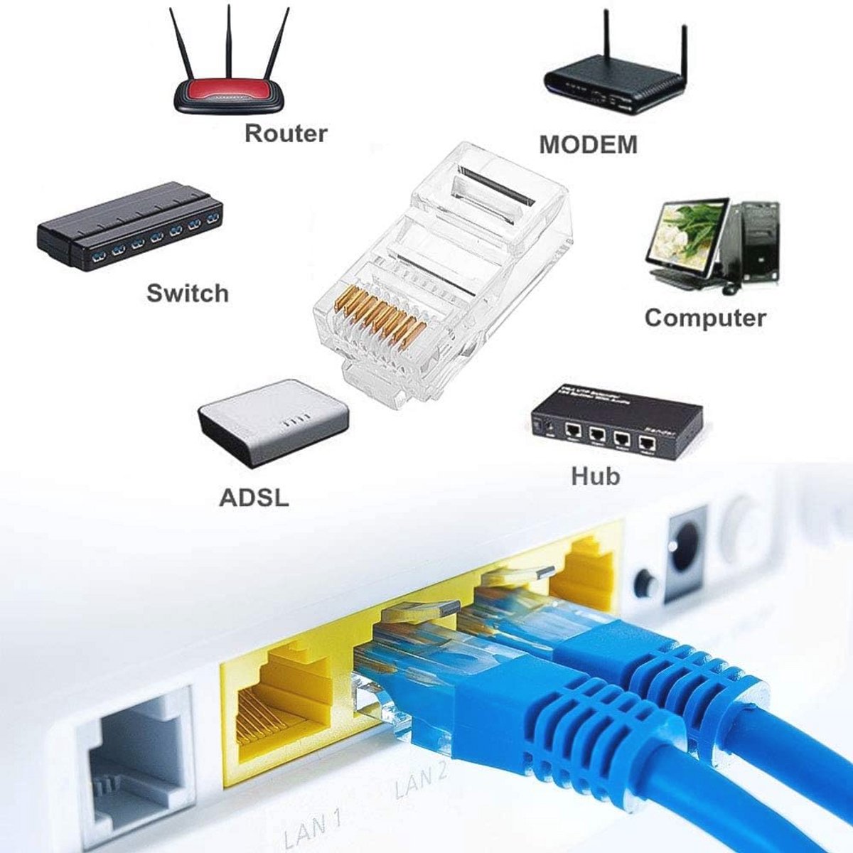Netwerkstekkers RJ45 CAT6 (10 stuks), Ethernet-connector 8P8C, Gigabit Ethernet 1000 Mbps, geschikt voor pc, router, switch en consoles