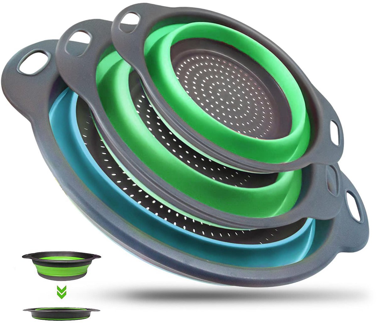 Unyqoos® Ruimtebesparende opvouwbare zeef set voor keuken en camping in drie delen