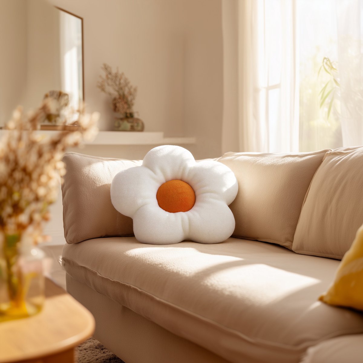 HOMEMIYN Bloem Sierkussen – Zonnebloem Decoratief Kussen – 40x40 cm – Zacht Fluffy Pluche Kussen voor Bank en Slaapkamer – Wit