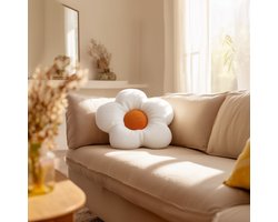 HOMEMIYN Bloem Sierkussen – Zonnebloem Decoratief Kussen – 40x40 cm – Zacht Fluffy Pluche Kussen voor Bank en Slaapkamer – Wit
