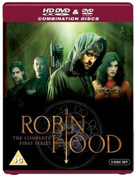 De dvd-hoes van Robin Hood: The Complete First Series toont vier personages met Robin Hood op de voorgrond met capuchon, naast drie anderen. Tekst: Robin Hood, The Complete First Series, 5 Disc Set.