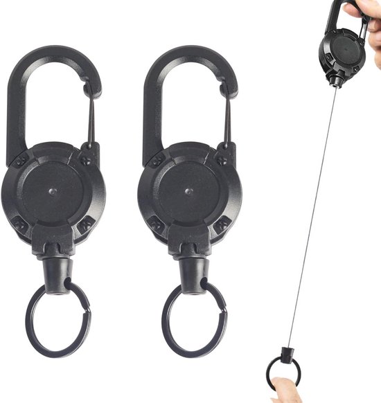 KUUQA Set van 3 robuuste intrekbare sleutelhangers met 65 cm staalkabel, zwart