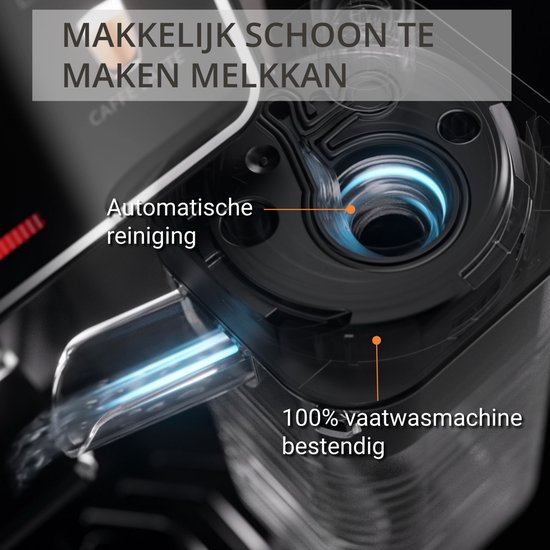 Detailopname van het melksysteem van een Krups machine, met de tekst 'Automatische reiniging' en '100% vaatwasmachine bestendig'.