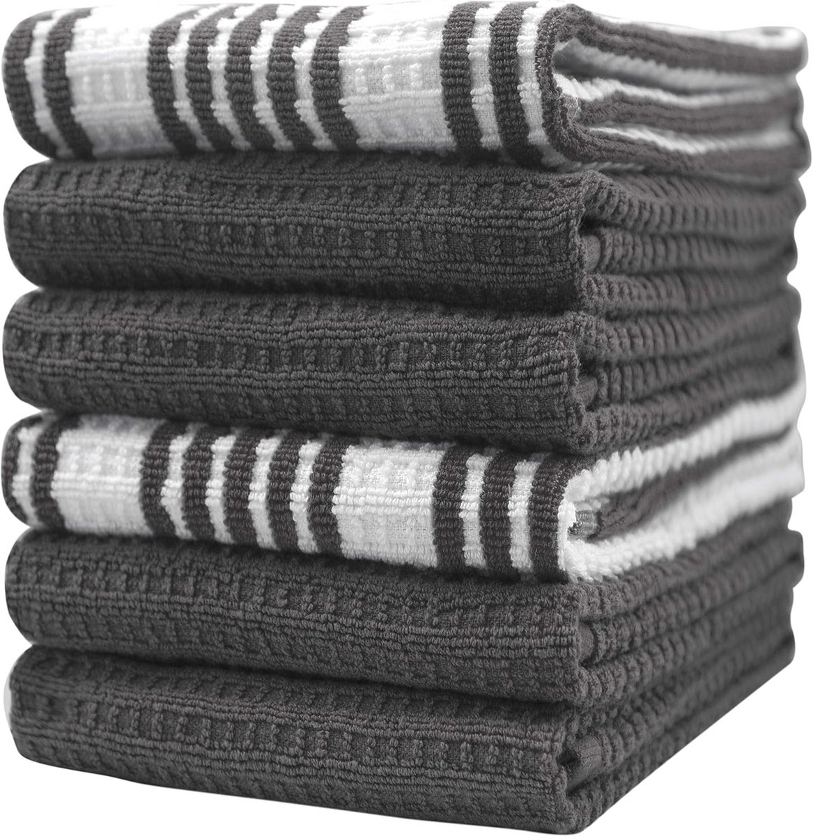 Grote Katoenen Theedoeken Set - 6 Absorberende Theedoeken met Hanglus - Gestreept Wafelgaren - 40 x 71 cm