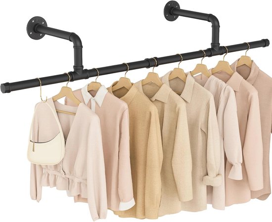 Kledingrek Wandgemonteerde Zware Industriële Stalen Pijp Multifunctionele Hangstang Voor Wasgoed Woonkamer En Kast Zwart 1 Pak