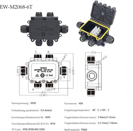 Newoutset IP68 waterdichte aansluitdoos, 2-weg kabelconnector, externe verdeeldoos buiten, kabel